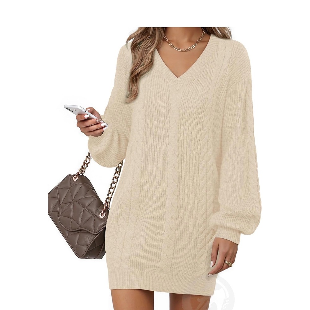 Vafoly Sweater Dress Womens Small Cream Cable Knit V-Neck Mini Cozy Preppy